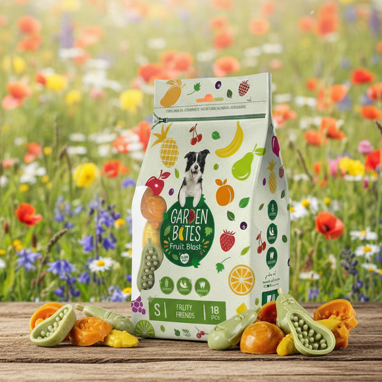 Garden Bites Fruity Friends Small - vegane, fruchtige Kauartikel (18 Stück/270g)