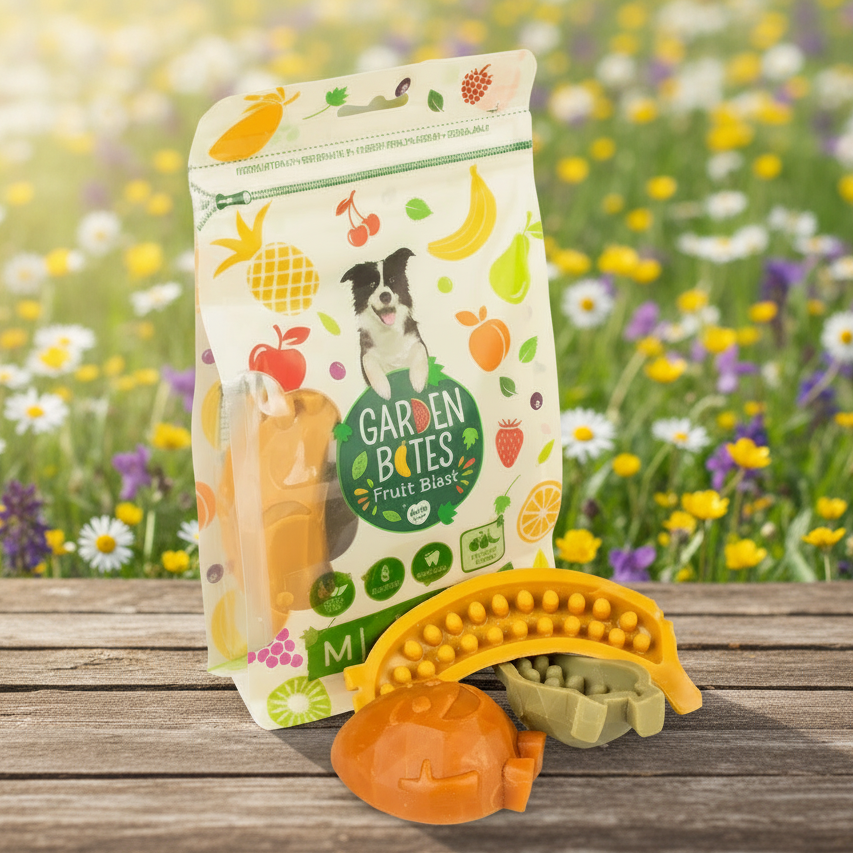 Garden Bites Fruity Friends Medium - vegane, fruchtige Kauartikel (6Stück/270g)