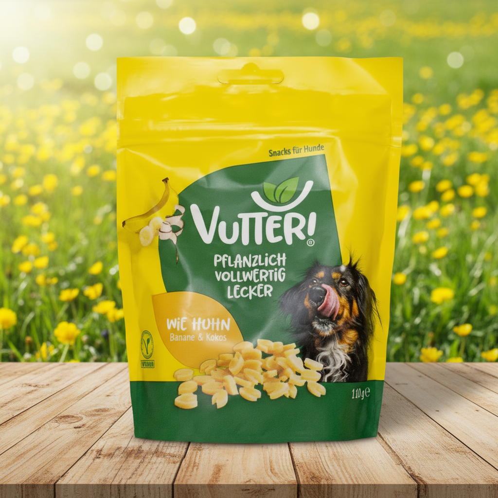 Vutter - vegane Leckerli "wie Huhn" mit Bananenpüree und Kokosmehl
