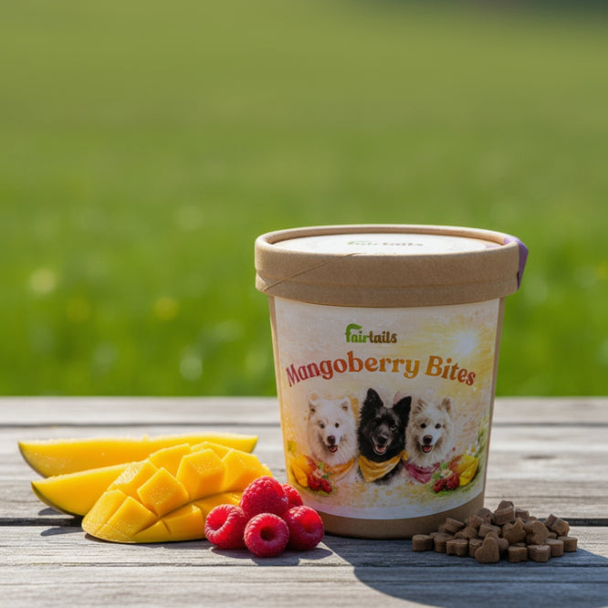 Vegane Hundeleckerli mit Mango und Himbeere - vegane Hundekekse Fairtails