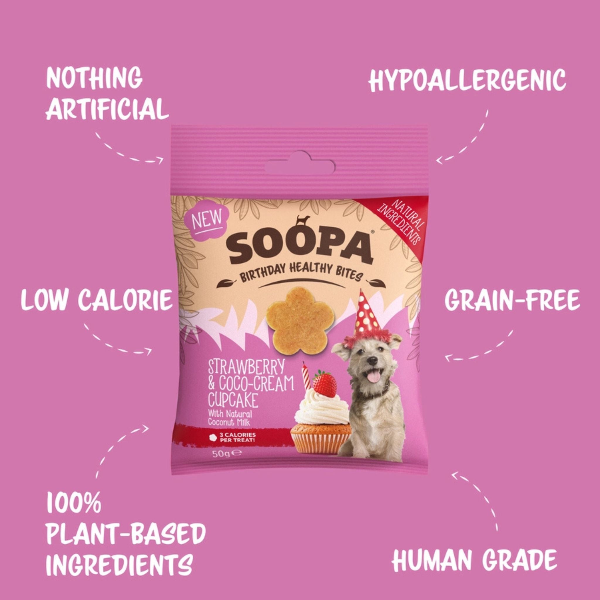 Soopa Pets Healthy Bites - vegane Hundeleckerli mit Kokos und Erdbeere (50g)