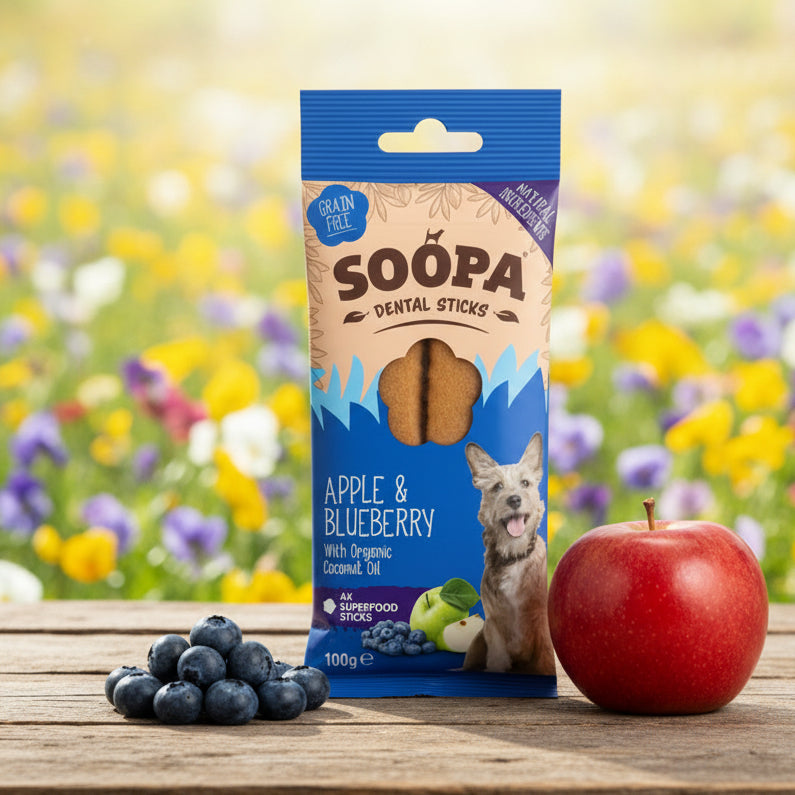 Soopa Pets vegane Kauartikel Hund Blaubeere Apfel sticks