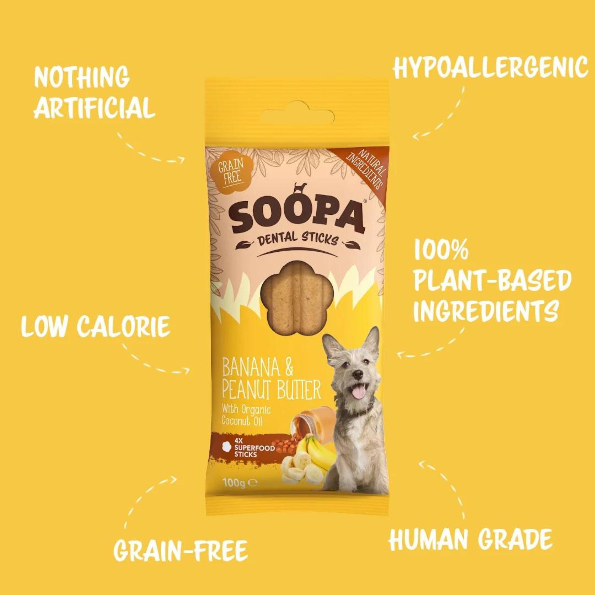 Soopa Pets Dental Sticks Banana & Peanut Butter - vegane Kausticks für Hunde (100g)
