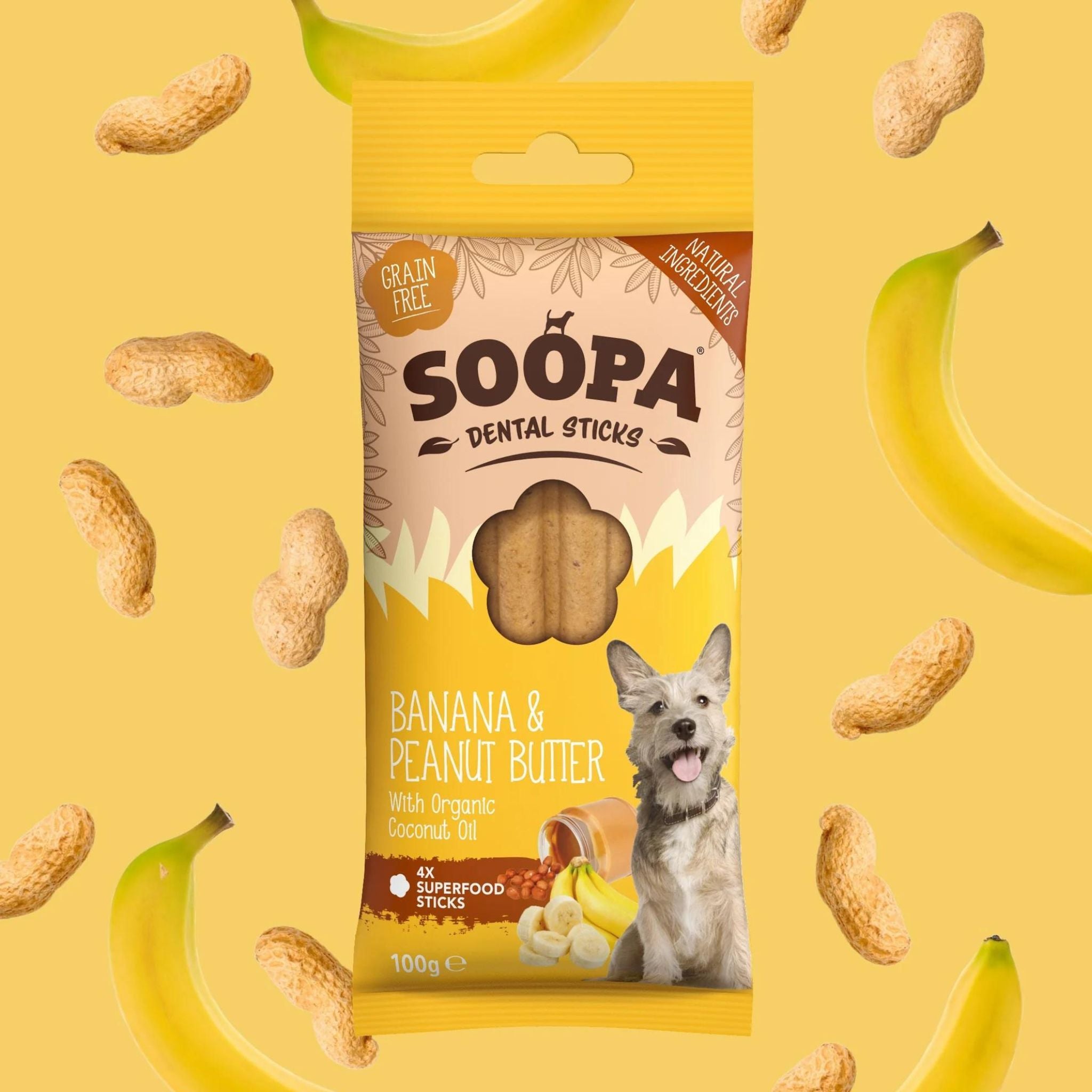 Soopa Pets Dental Sticks Banana & Peanut Butter - vegane Kausticks für Hunde (100g)