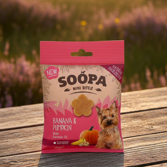 Soopa Pets MiniHealthy Bites Banane und Kürbis - vegane Hundeleckerli für kleine Hunde (50g)