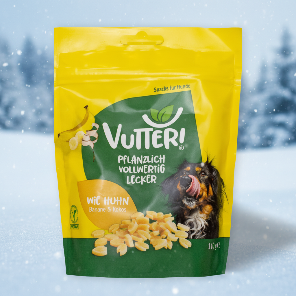 Vutter - vegane Leckerli "wie Huhn" mit Bananenpüree und Kokosmehl