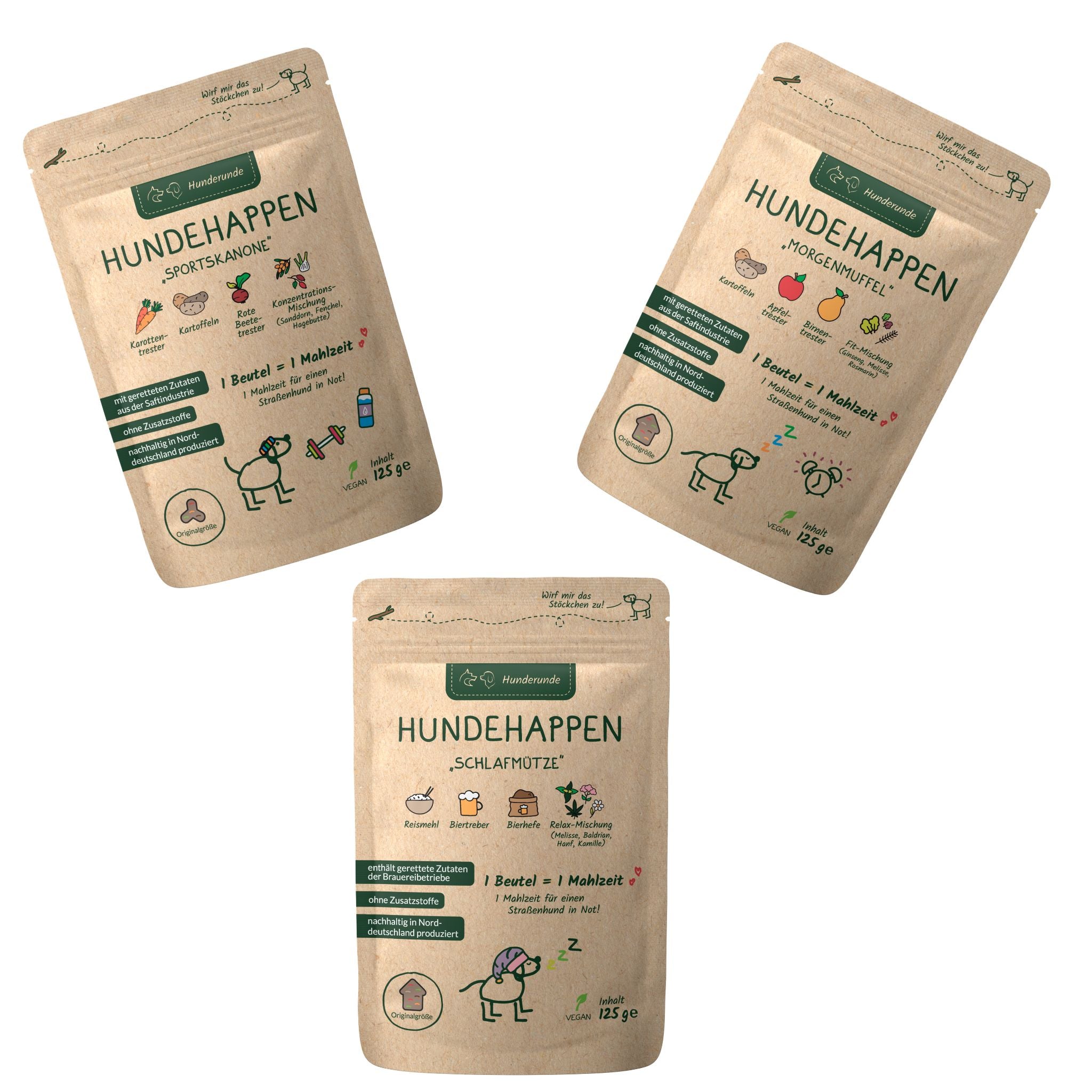 Hunderunde Hundehappen Probierpaket - vegane Hundeleckerli (3 x 125g)