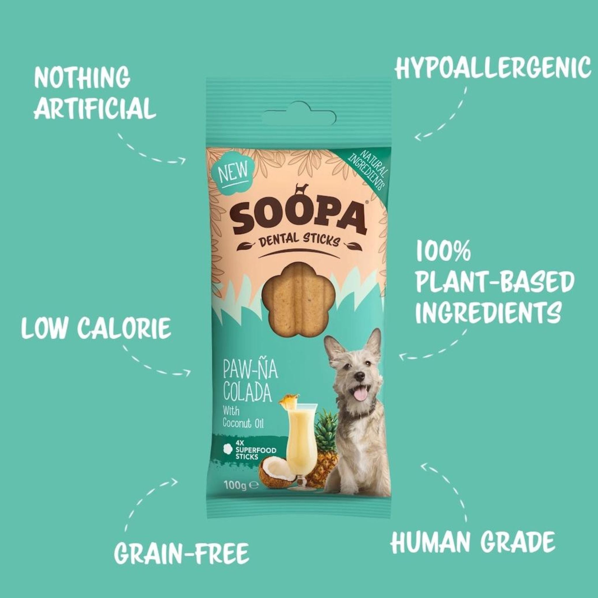 Soopa Pets Paw-Na Colada Dental Sticks - vegane Kausticks mit Ananas und Kokos (100g)