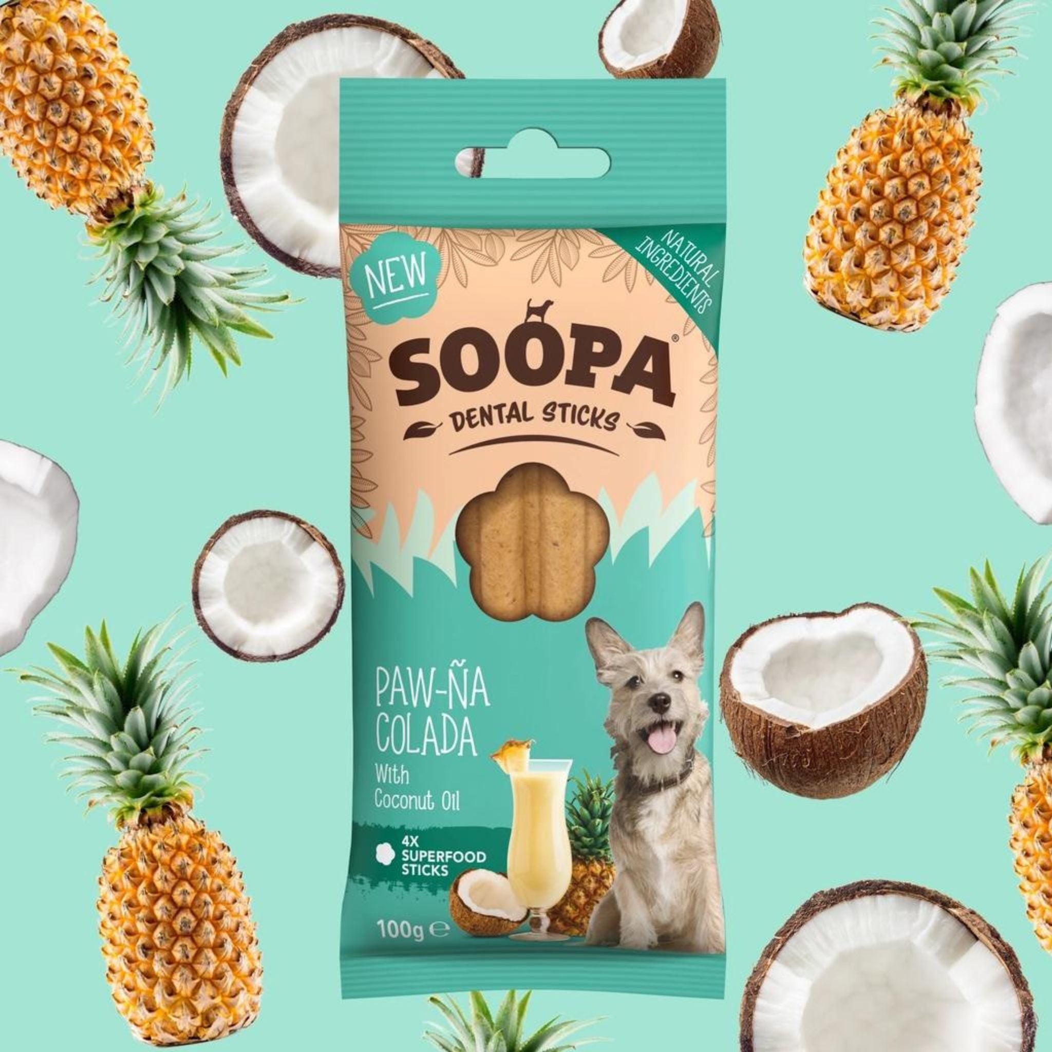 Soopa Pets Paw-Na Colada Dental Sticks - vegane Kausticks mit Ananas und Kokos (100g)