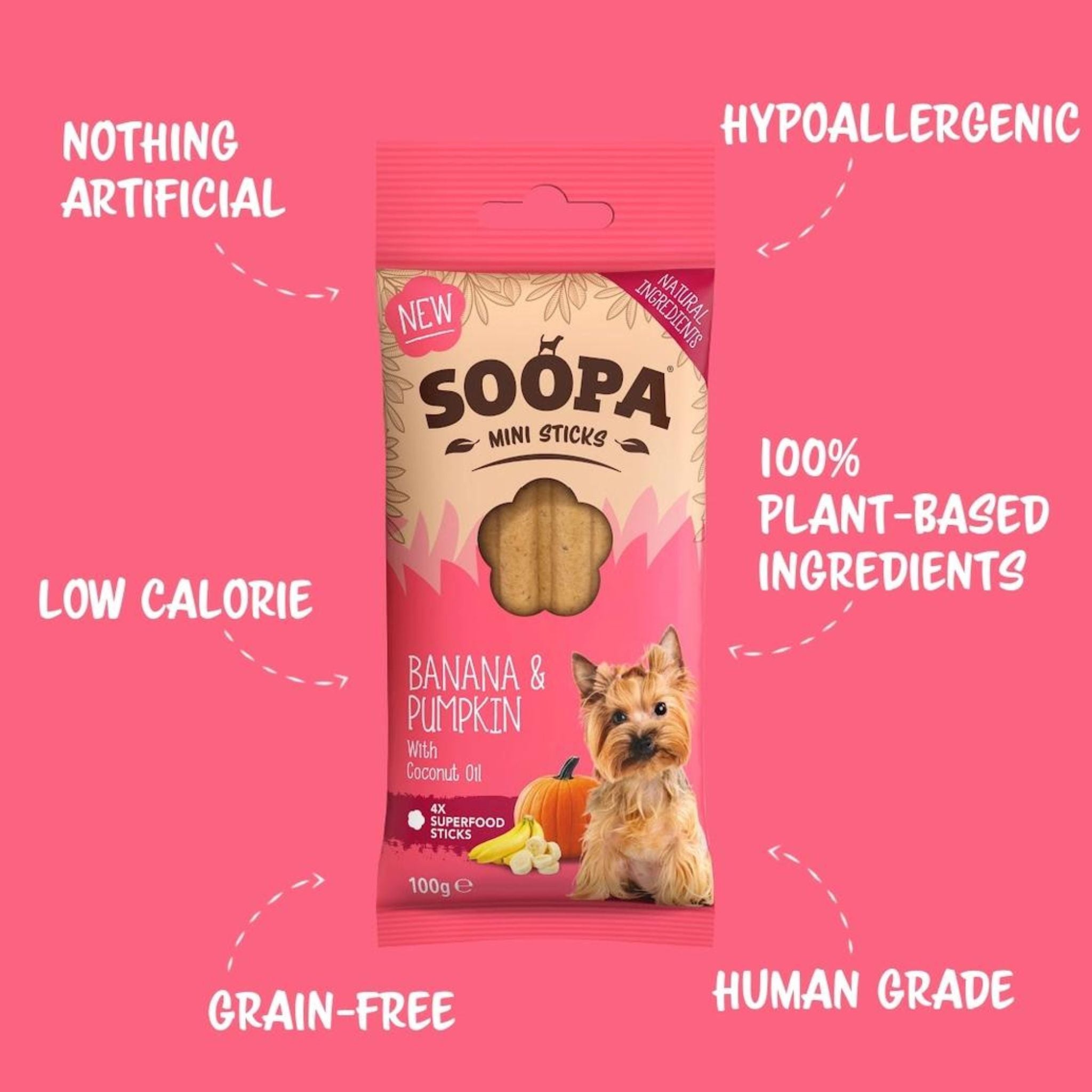 Soopa Pets Mini Sticks - vegane Hundeleckerli mit Banane-Kürbis (100g)