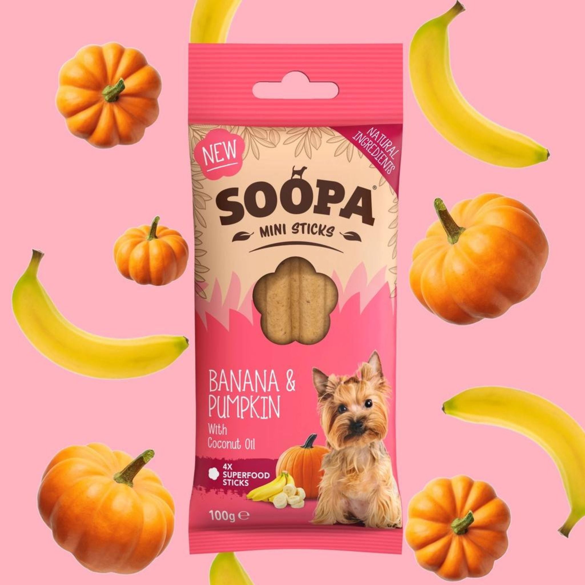 Soopa Pets Mini Sticks - vegane Hundeleckerli mit Banane-Kürbis (100g)