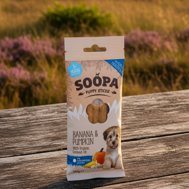 Soopa Pets Puppy Dental Sticks Banane und Kürbis - vegane Kausticks für Welpen (100g)