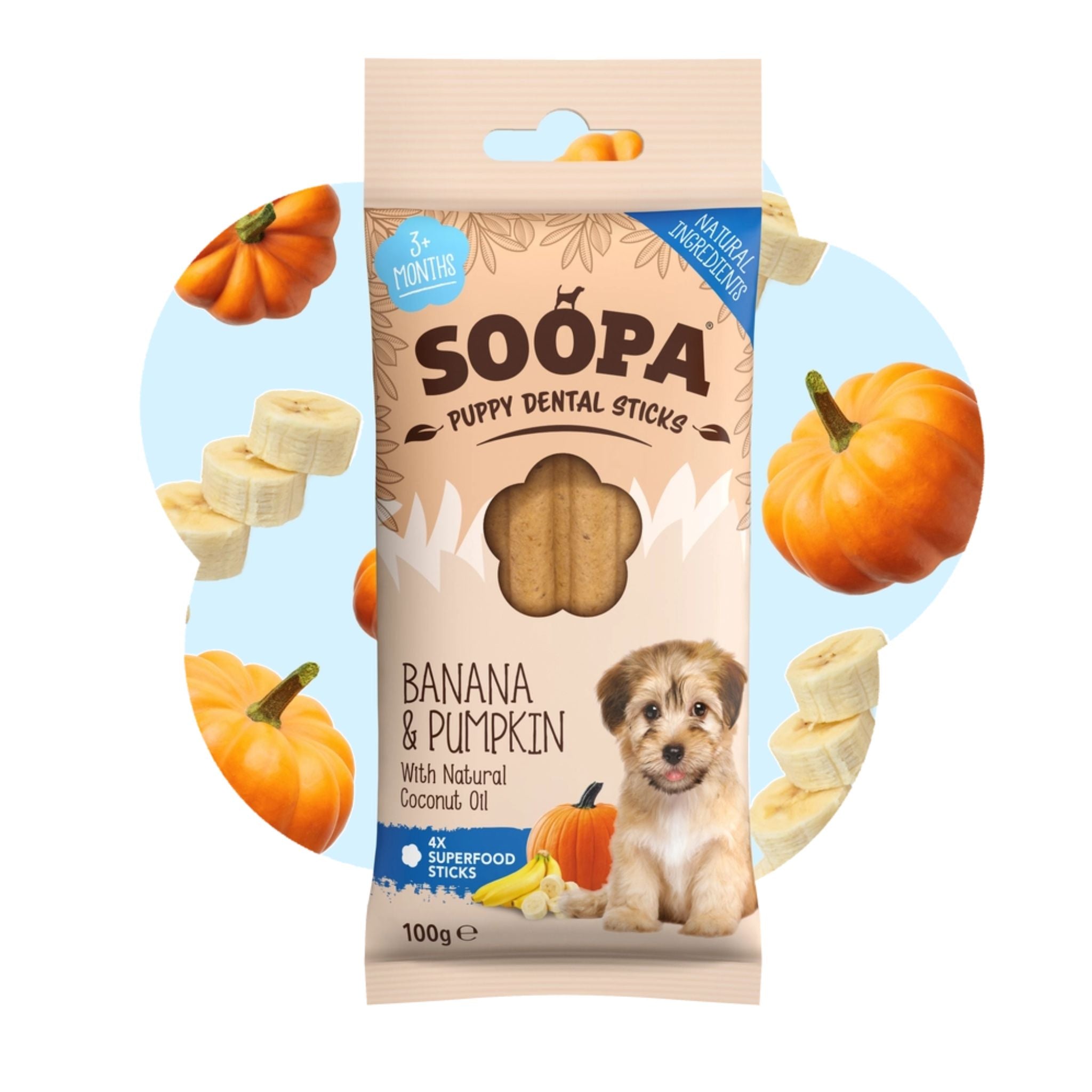 Soopa Pets Puppy Dental Sticks Banane und Kürbis - vegane Kausticks für Welpen (100g)